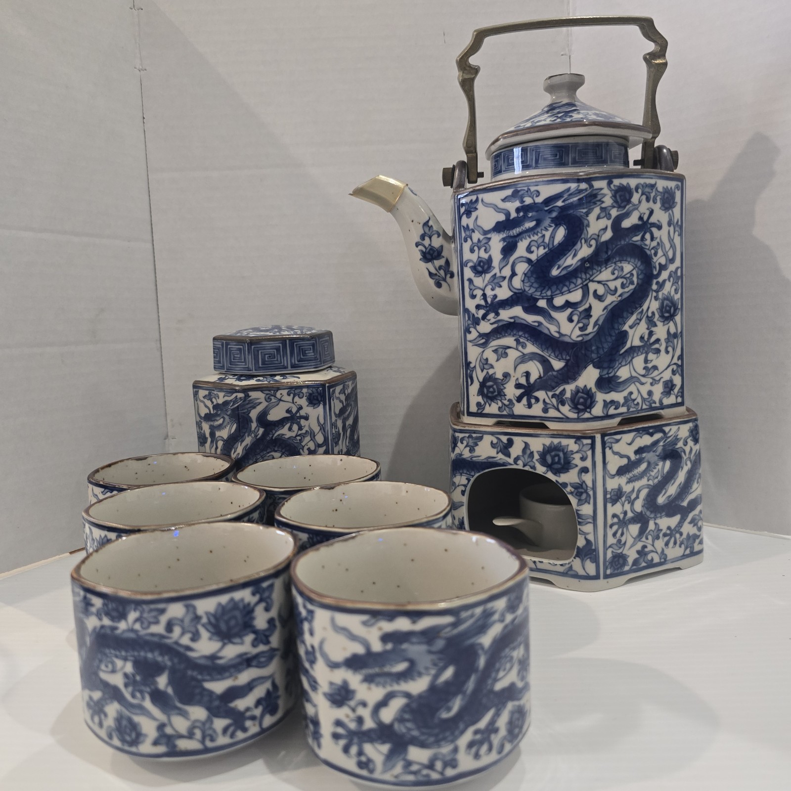 SEIRYU Japan Blue White Dragon Tea Set Teapot Warmer Canister 6 Cups Vintage