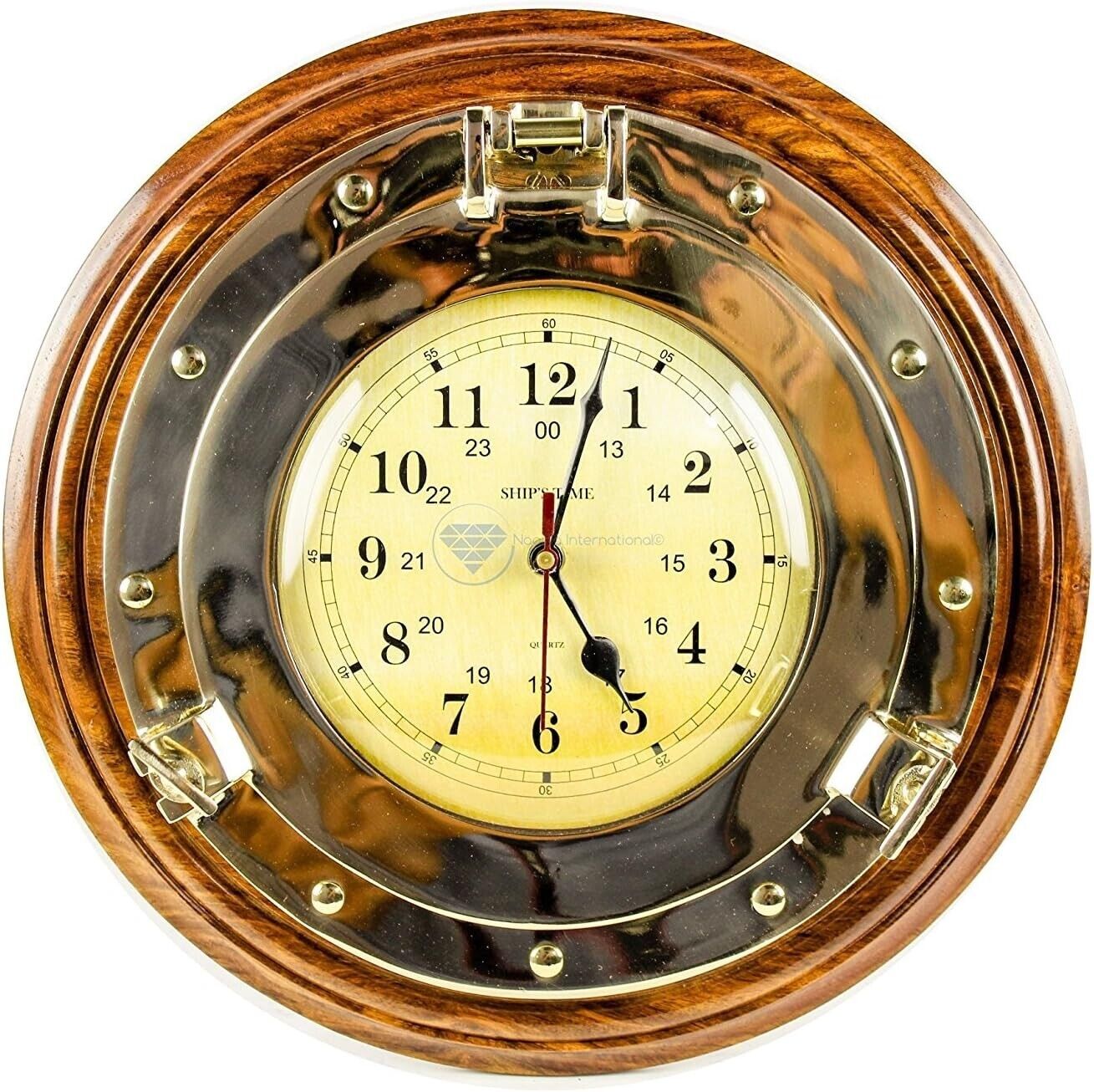 Elite Nautical Solid Brass Porthole Time's Wall Clock with Wooden Rosewood Base