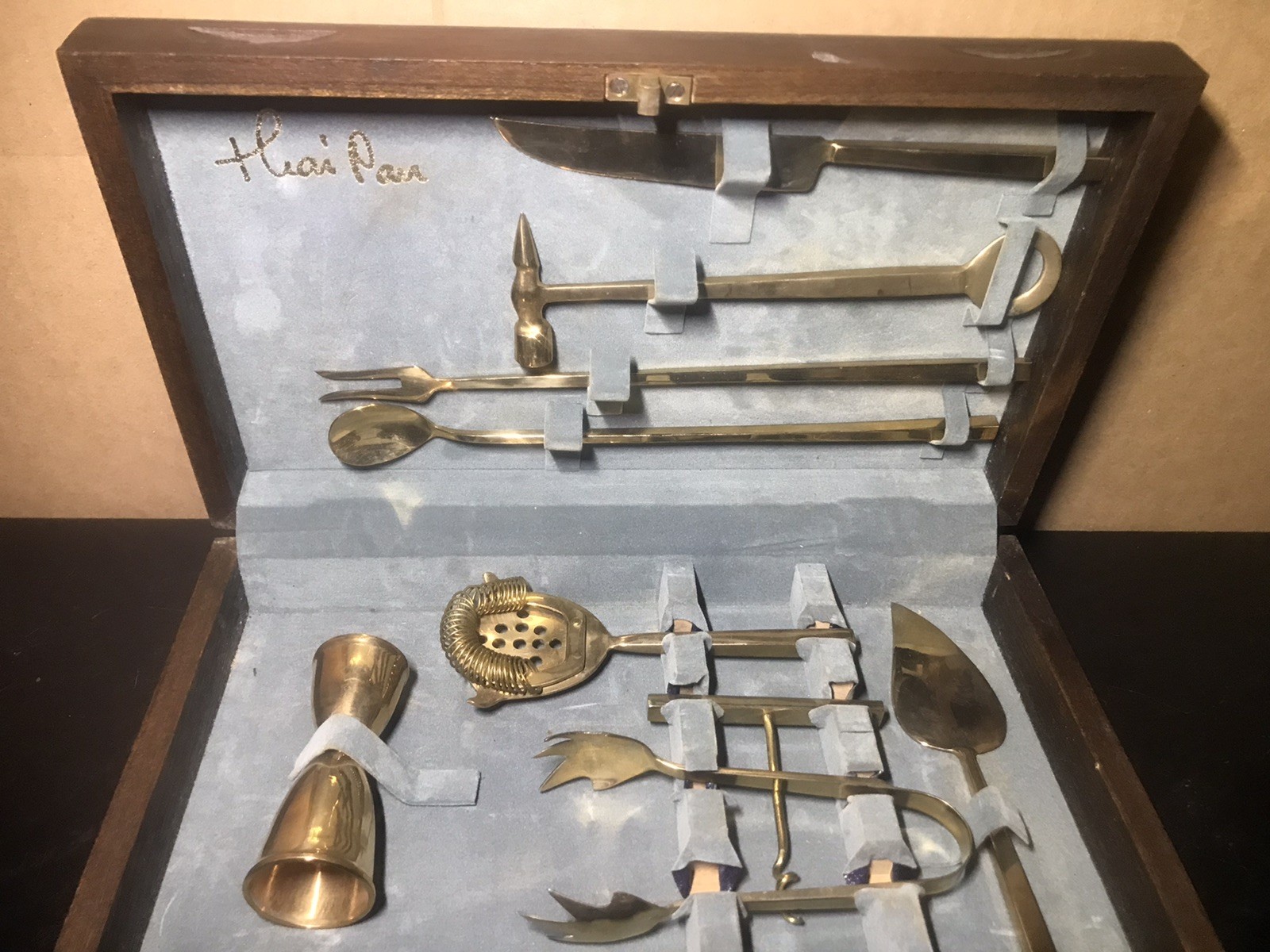 Vintage Thai Mid-Century Brass Bar Tools Cocktail Set 9 Piece Bartender Kit Case