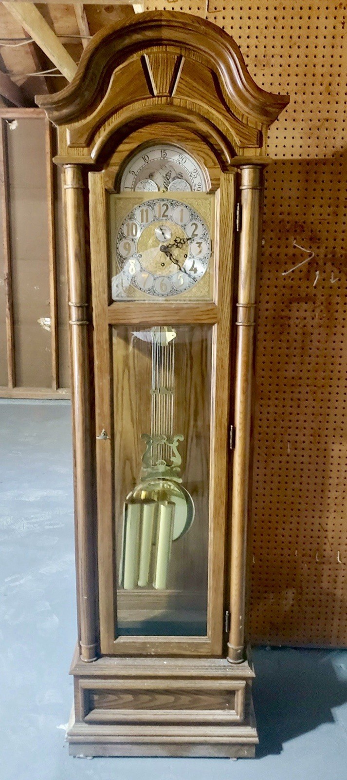 Working Vintage Ridgeway Grandfather Clock Solid Oak Mechanical Moon Dial