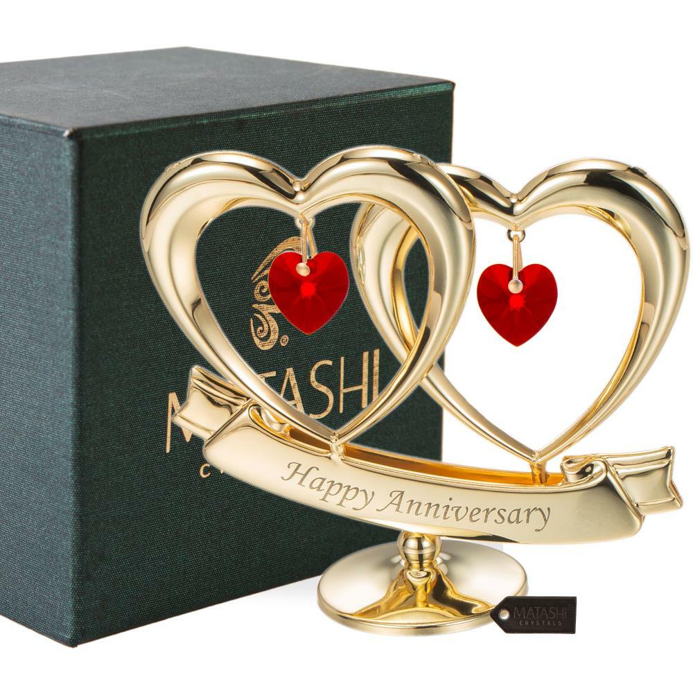 Matashi 24K Gold Anniversary Double Heart Table Ornament with Red Crystal Accent Matashi 24K Gold Anniversary Double Heart Table Ornament with Red Crystal Accent