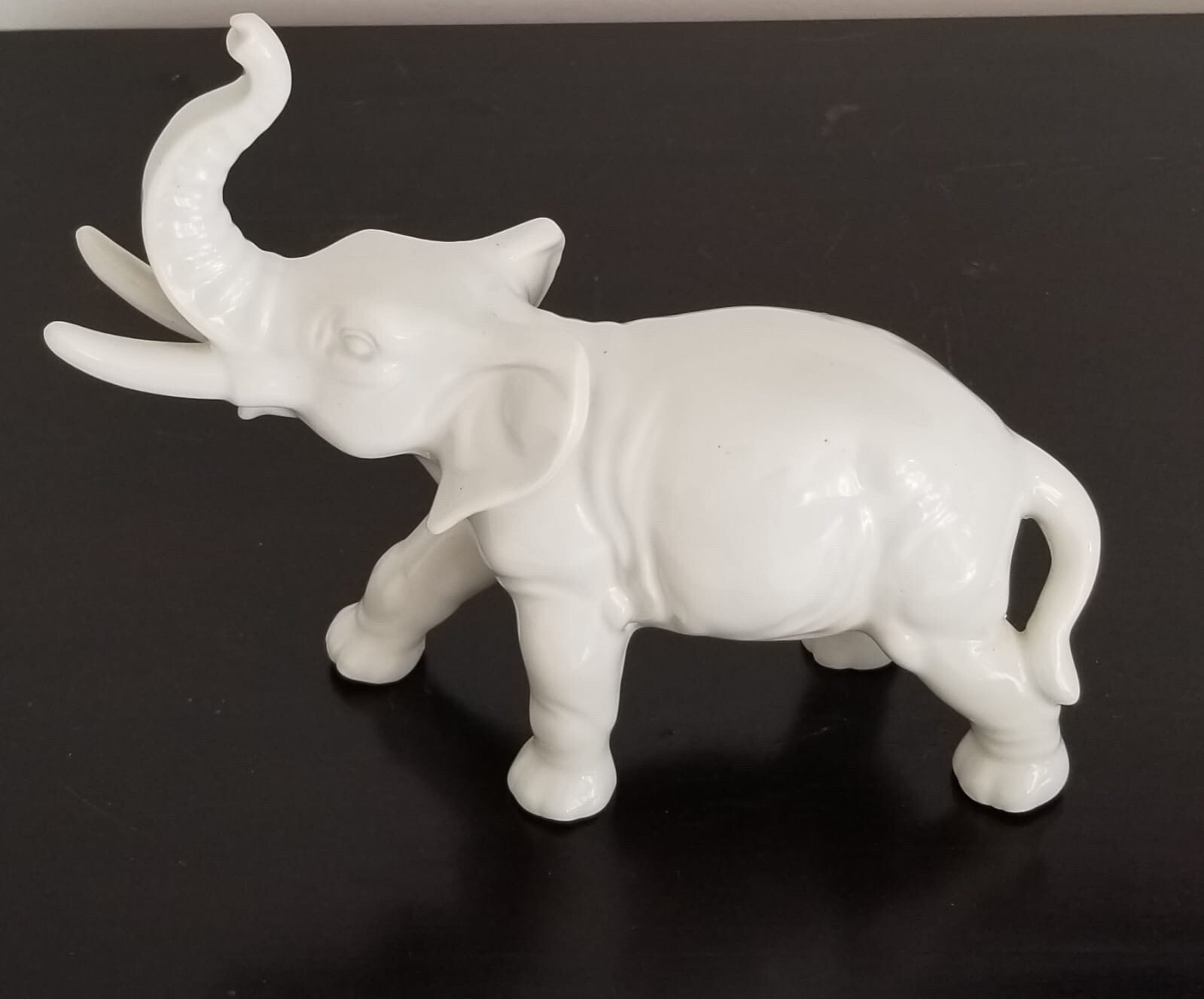 Vintage German Lippelsdorf Porcelain White Elephant Figurine Trunk Up L 9”