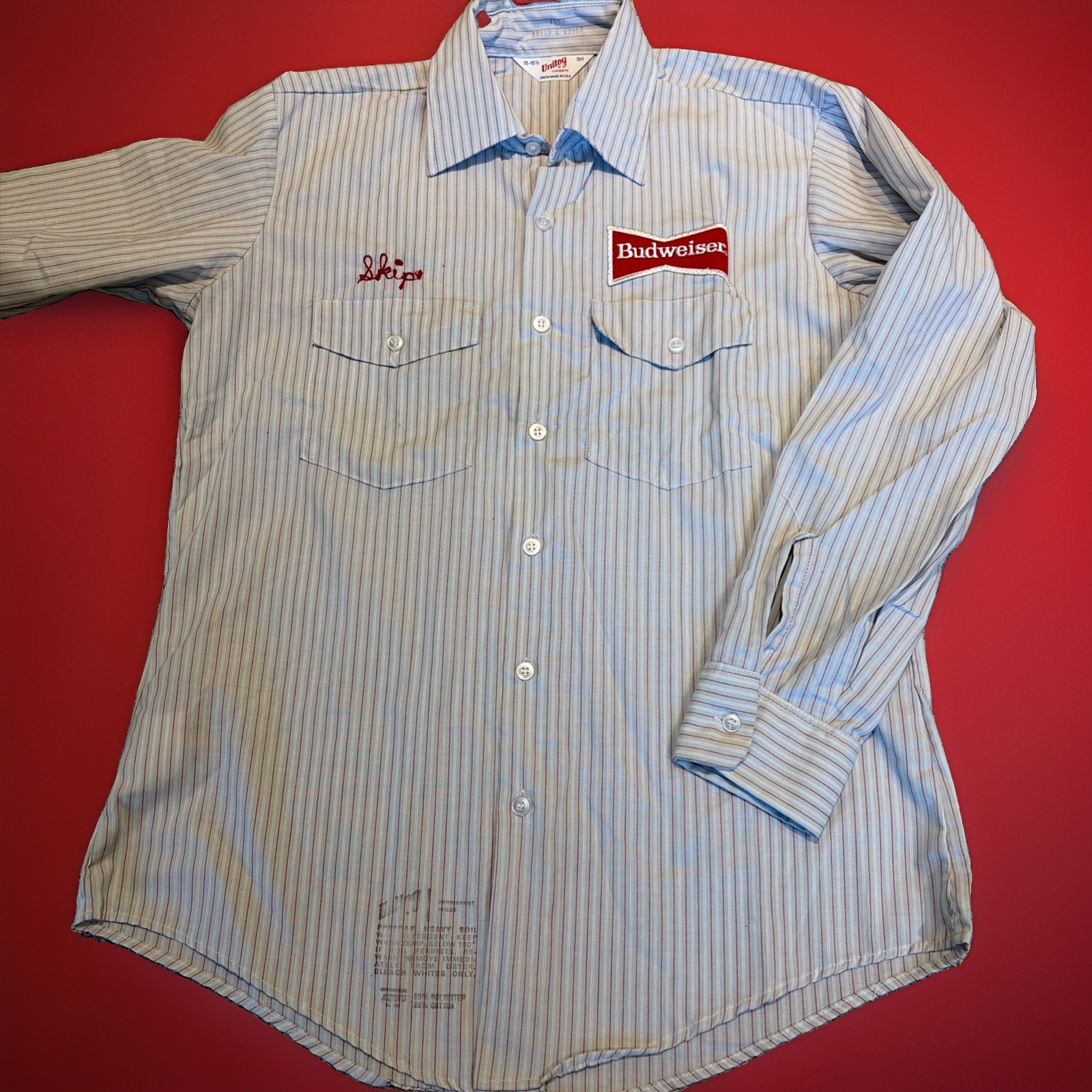 Vtg Budweiser Beer Striped Button Up UNIFORM Shirt Sz M 15-15.5 \
