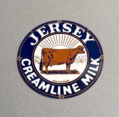 VINTAGE 12” JERSEY MILK FARM COW PORCELAIN SIGN CAR GAS OIL TRUCK MOTORCYCLE