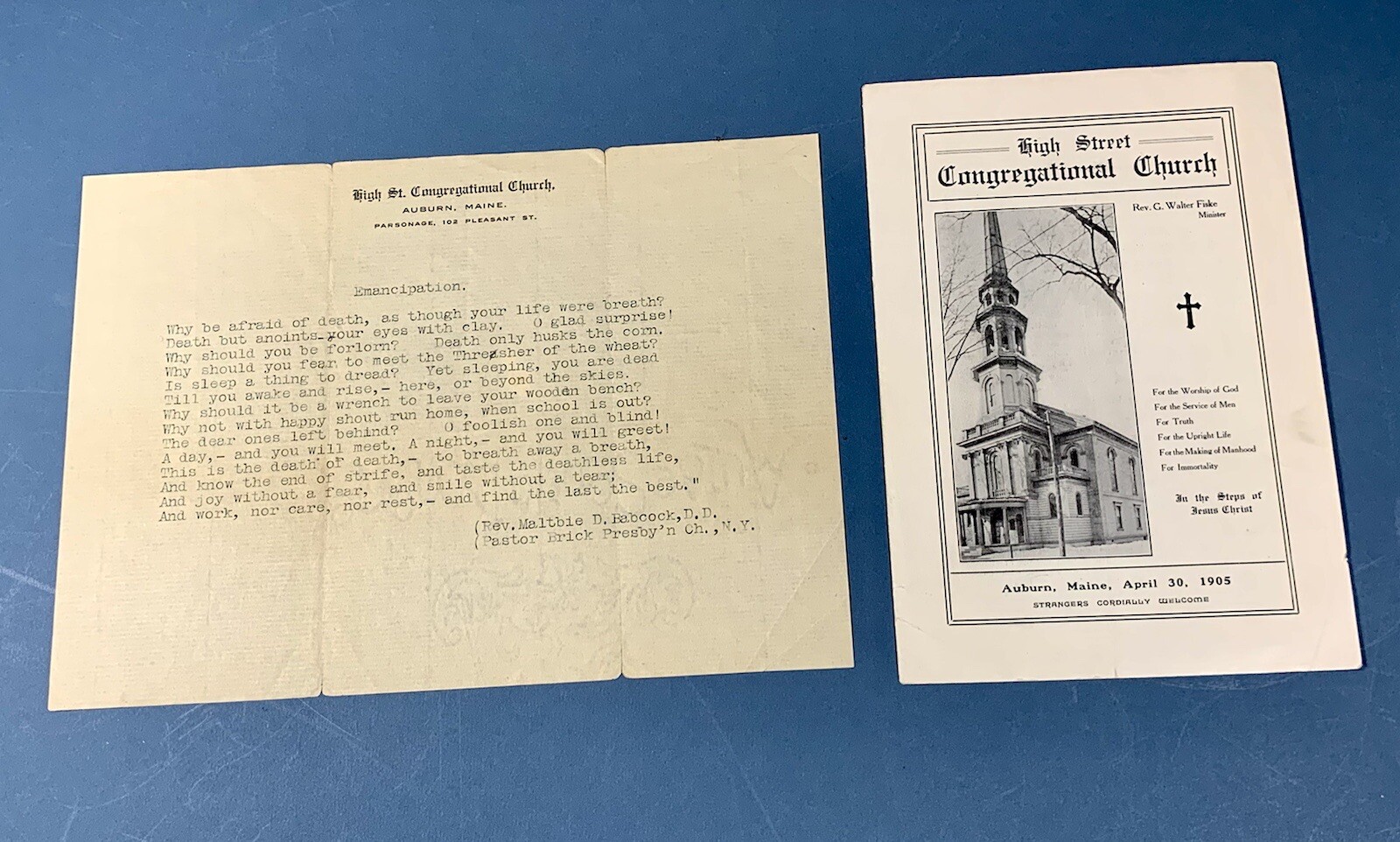 High Street Congregational Church Auburn, Maine ~ Worship Program & Poem 1905