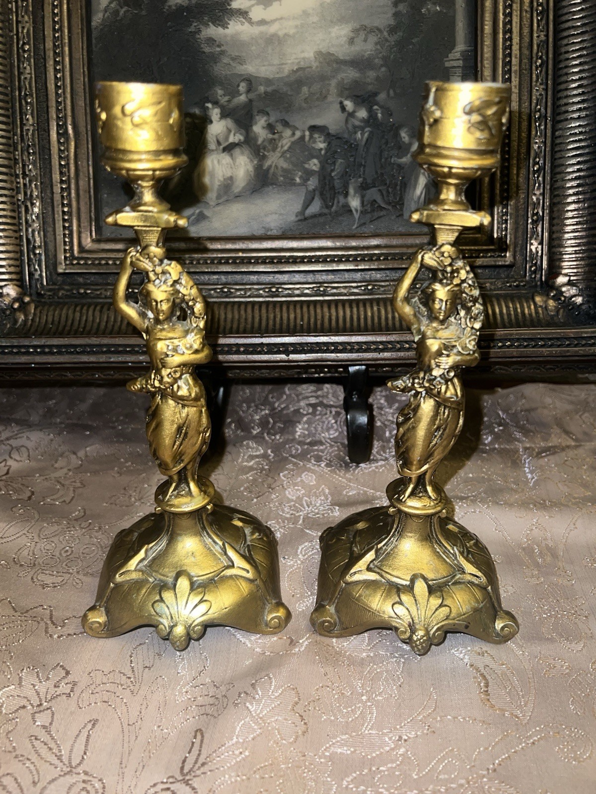  Elegant Pair of Candlesticks Signed A.B. Art Nouveau Victorian Style