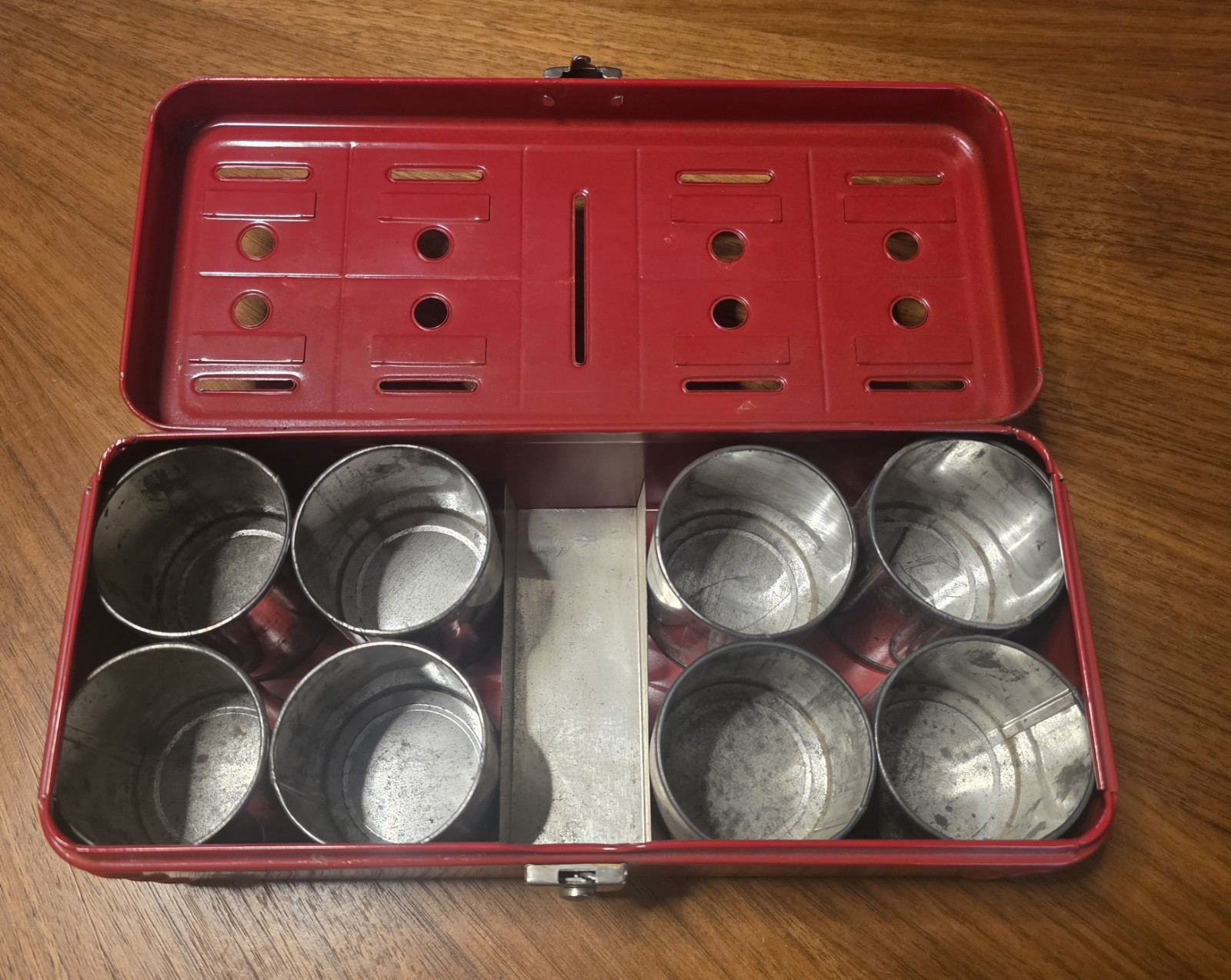 Vintage 1930s Climax Metal Home Budget Bank Box With 8 Cups Labels & Key Red