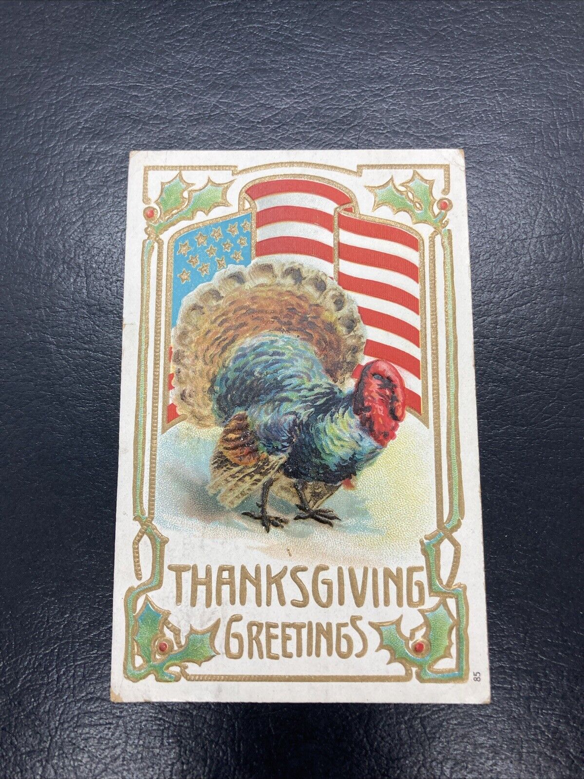 1908 Thanksgiving Greetings Turkey Holly Berries Embossed Antique Postcard