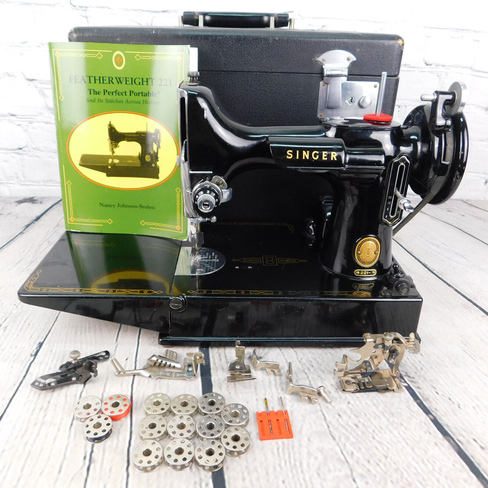 VTG Singer Featherweight Sewing Machine 221 w/ Attachments Manual & Case 1955