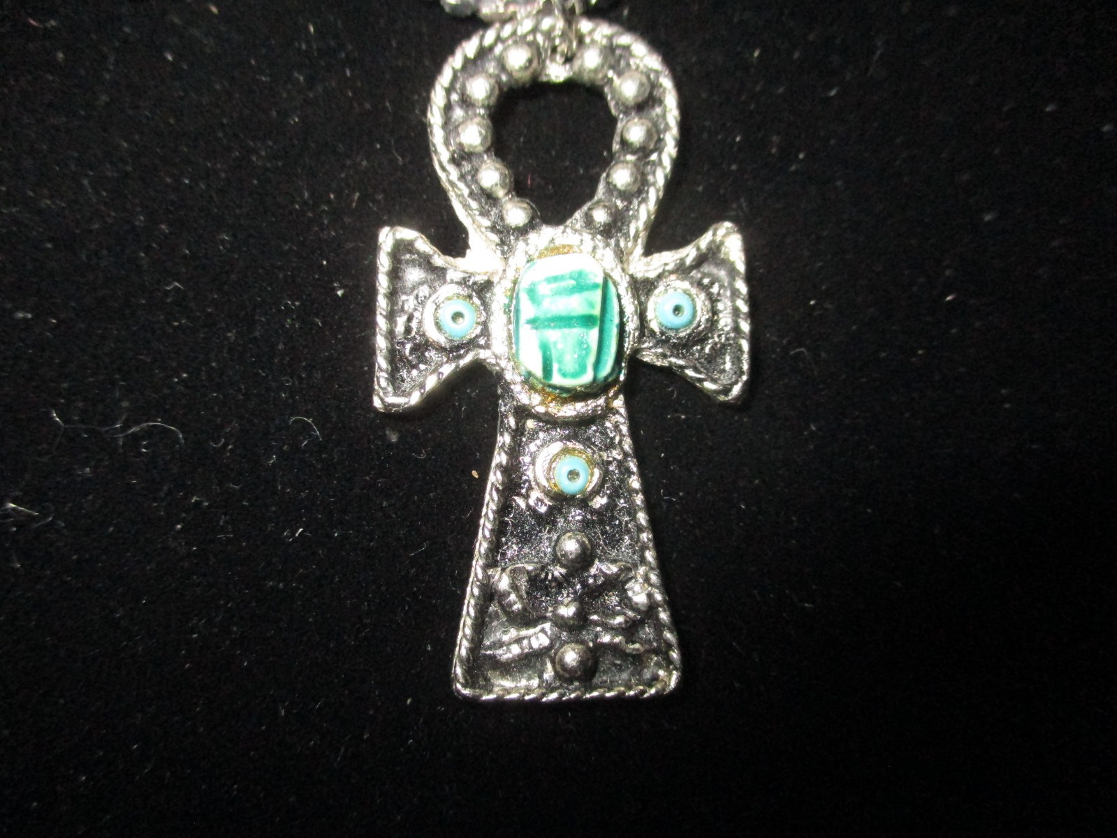 Vtg. Egyptian Ankh Silvertone Turquoise Pendant & Chain. Key of Life. Gift Box.
