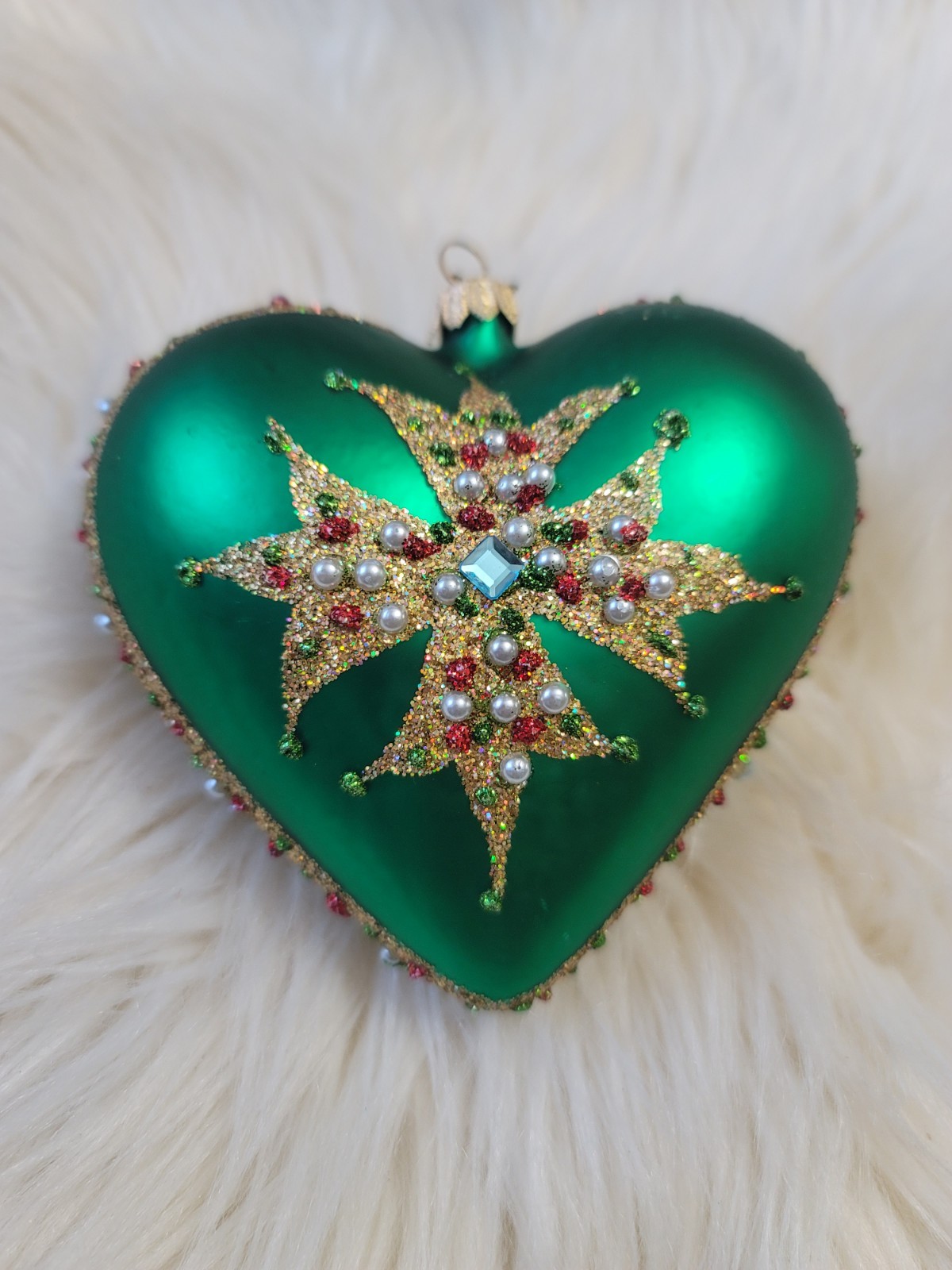 Neiman Marcus 2014 Glass Heart Christmas Ornament Green Maltese Cross Pearls