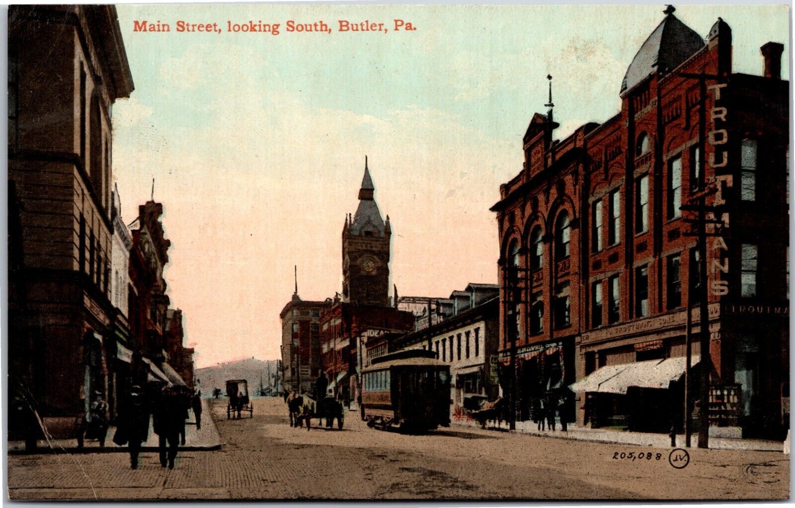Butler PA Main St South Troutmans Shops People Streetcar 1900's Vintage Postcard