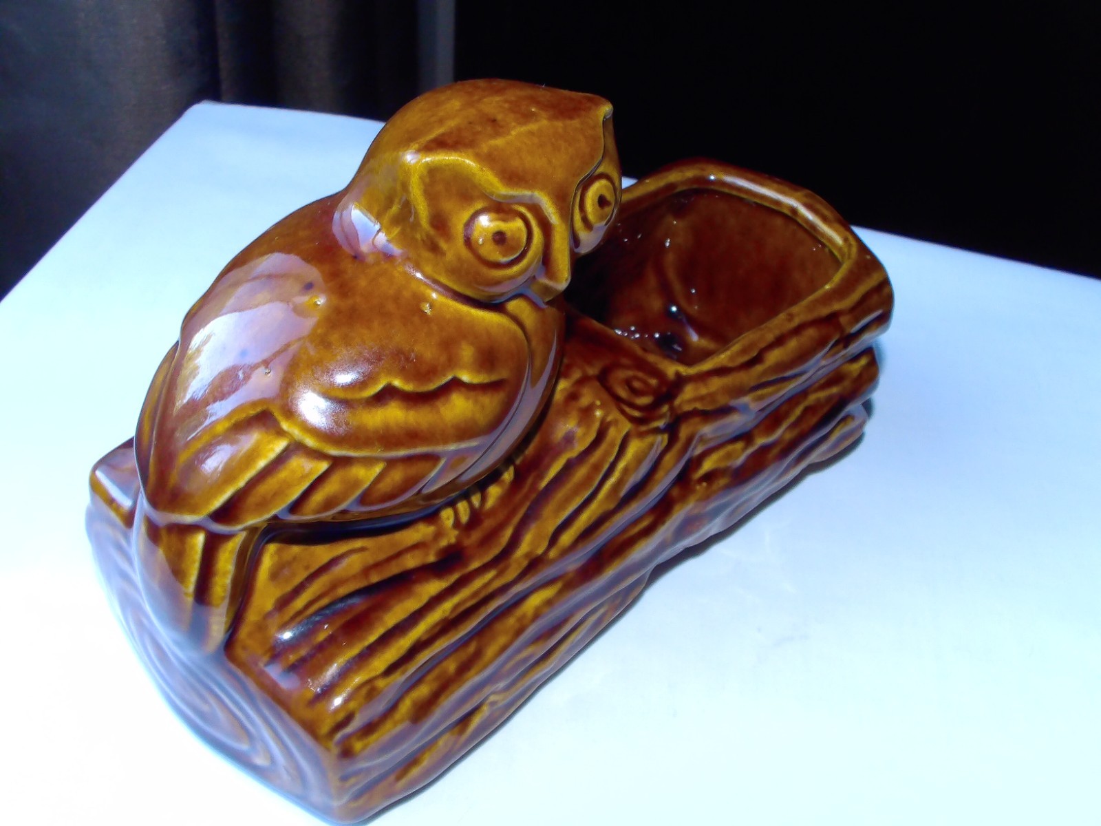 VINTAGE AMERICAN BISQUE MID-CENTURY OWL ON LOG SIDE PLANTER BROWN 8\