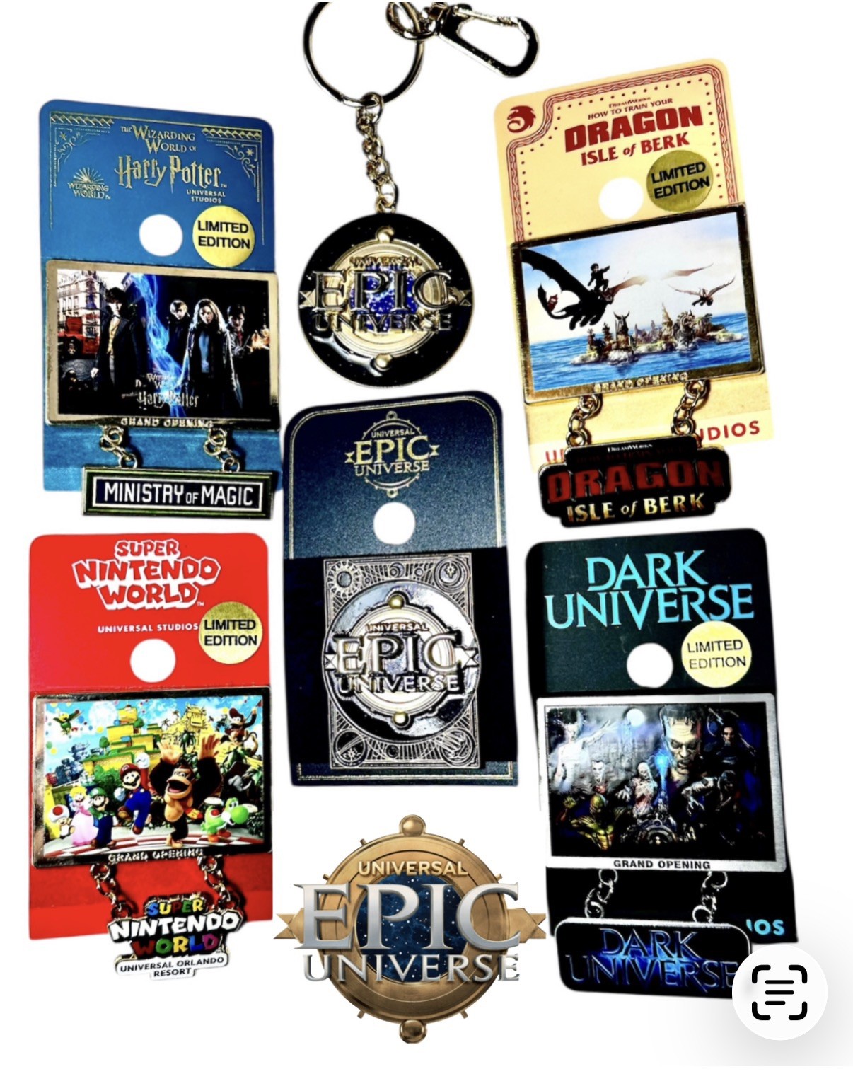 2025 Epic Universe Grnd Opening 5 Pin Set Berk Dark Potter Nintendo LE Keychain 