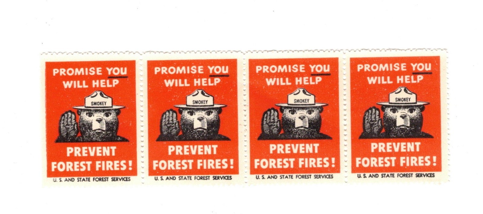 4 Unused Smokey the bear Promise You Will Help Prevent Forest Fire Stamps