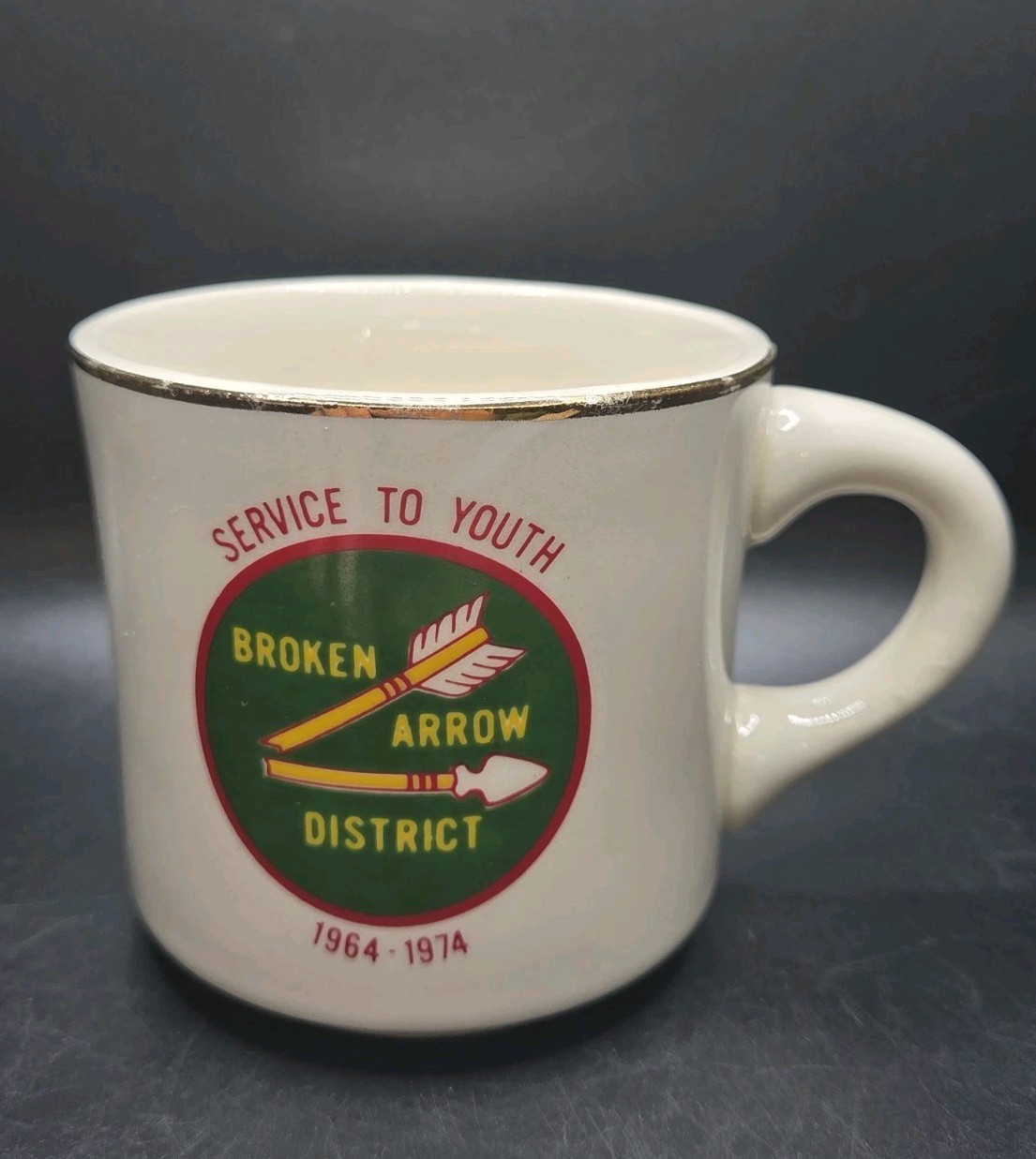 Vtg Boy Scouts BSA Mug Broken Arrow District Anniversary 1964-1974 Gold Rim