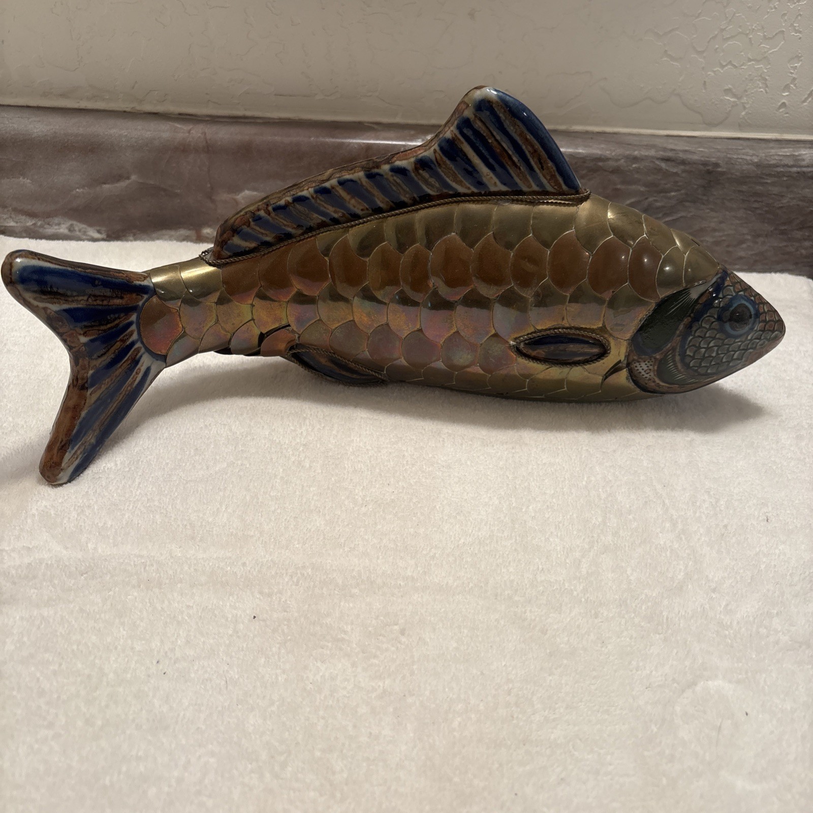 VTG Tonala Mexican Folk Art Mixed Media Brass Ceramic Fish Figurine 14 In Read