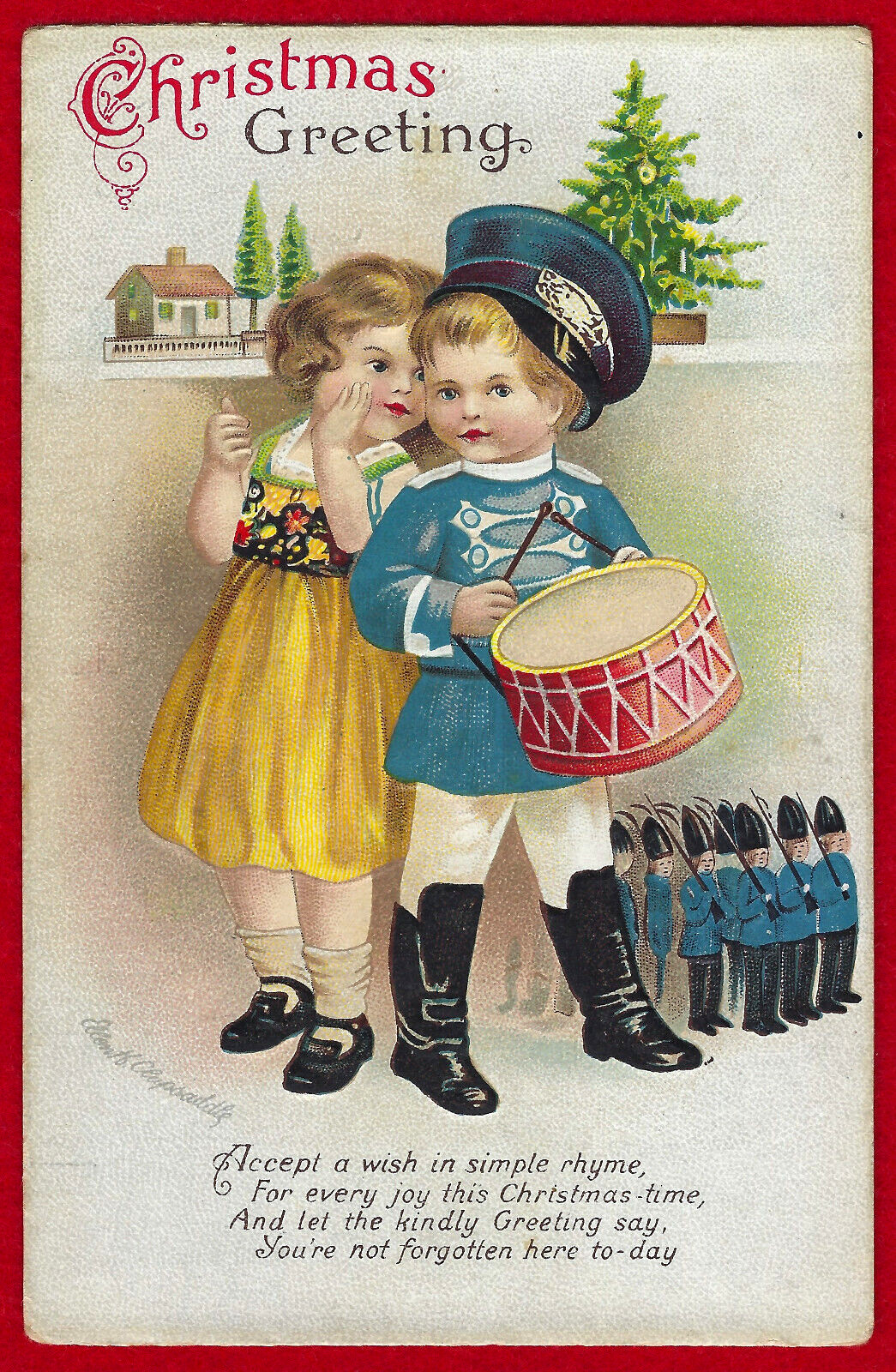Vtg Clapsaddle Christmas Children Toy Soldiers Drum Uniform PC A/S Emb c1915