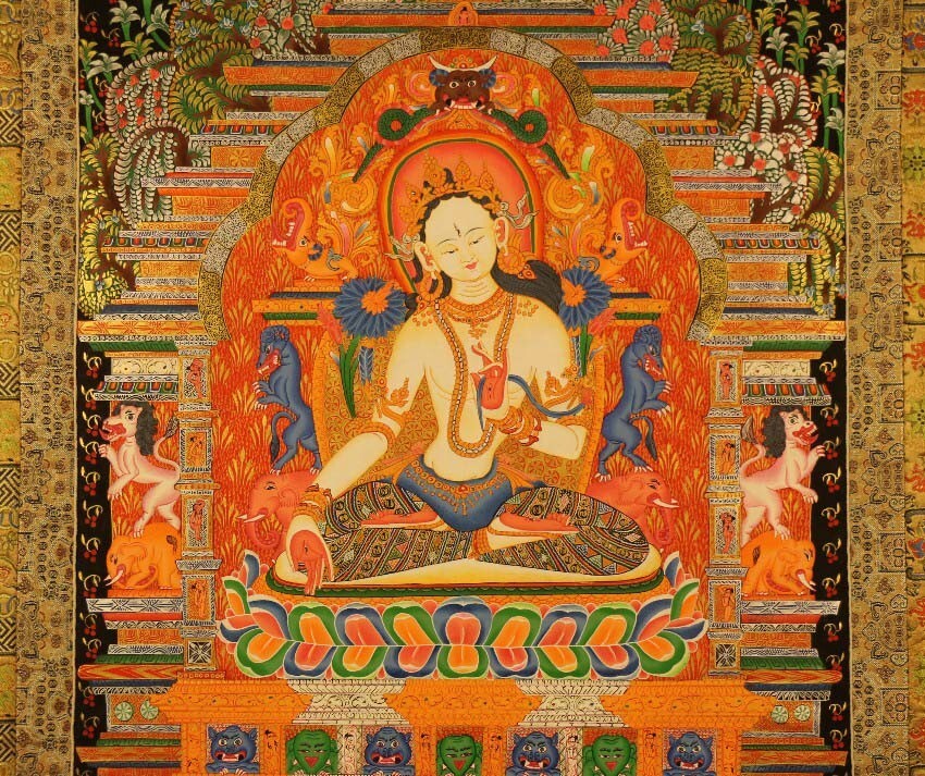Wonderful Rare Nepal Vintage Old Buddhist Hand Painted White Tara Thangka Tangka