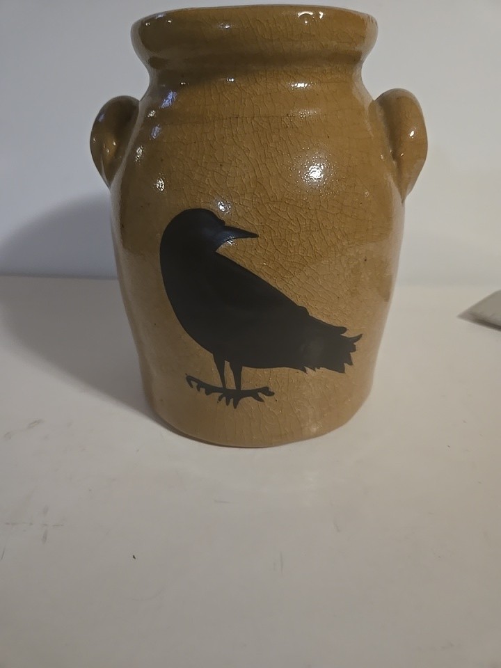 Primitive Black Crow Stoneware Pottery 6.5” Crock Jug 