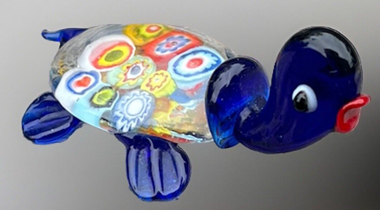 Vintage Blue Glass Turtle Millefiori Design Figurine Very Cute Red Lips