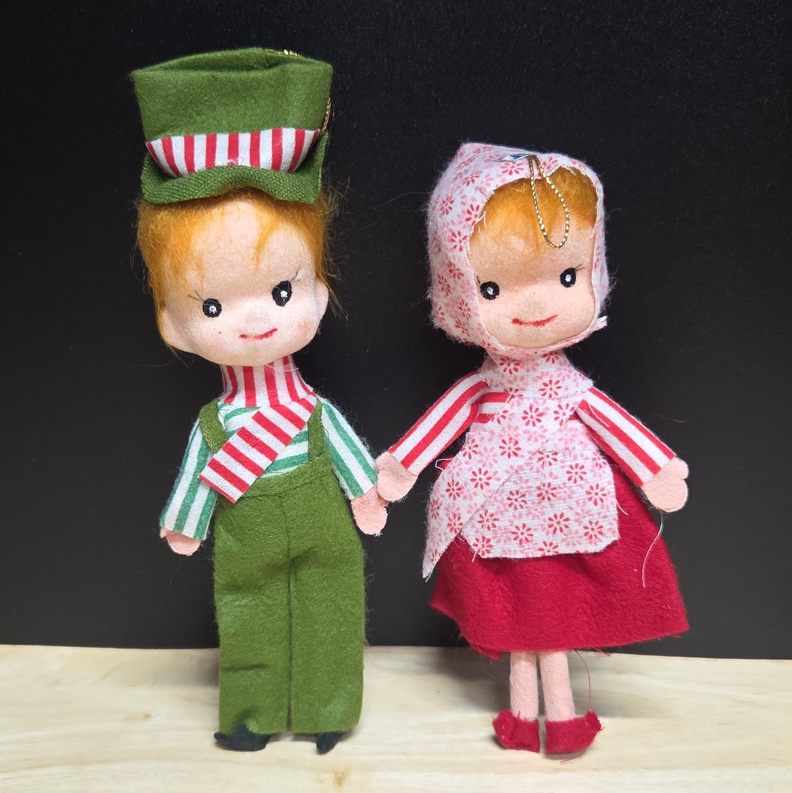 Christmas Boy Girl Ornaments 6in Flocked Faces Holiday Vintage Japan