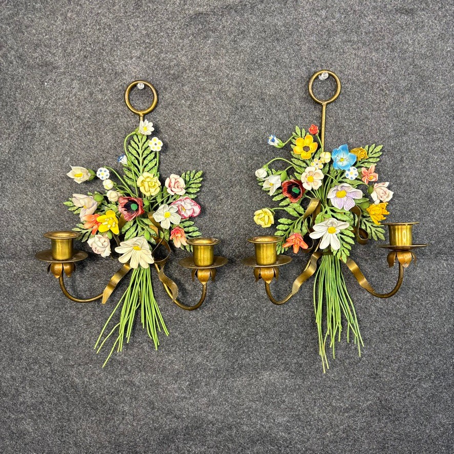 Vintage Pair of Italian Toleware Tole Metal Porcelain Flower Wall Candle Sconces
