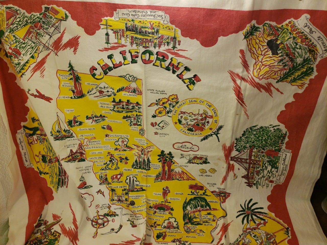 Vtg Table Cloth California Map Souvenir Red Teatowl Wall Hanging Textile 35x32