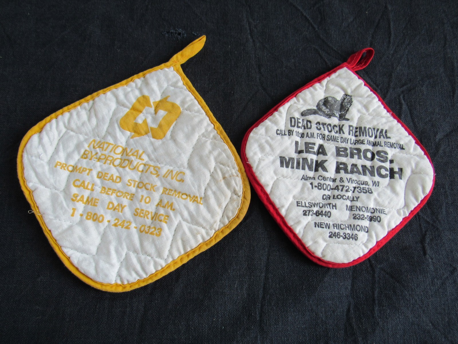 2 VTG  POTHOLDERS:  Lea MINK RANCH Dead Stock Removal Ellsworth Menomonie