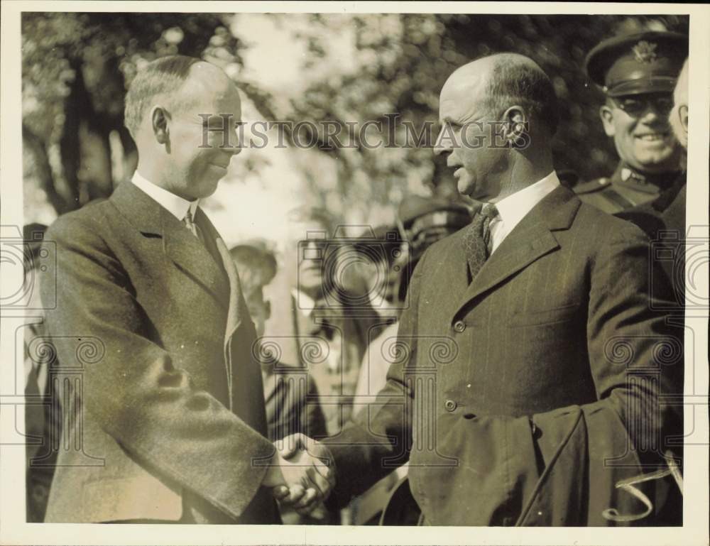 1925 Press Photo Governor Ralph Brewster and Donald McMillian greet in Wiscasset 1925 Press Photo Governor Ralph Brewster and Donald McMillian greet in Wiscasset