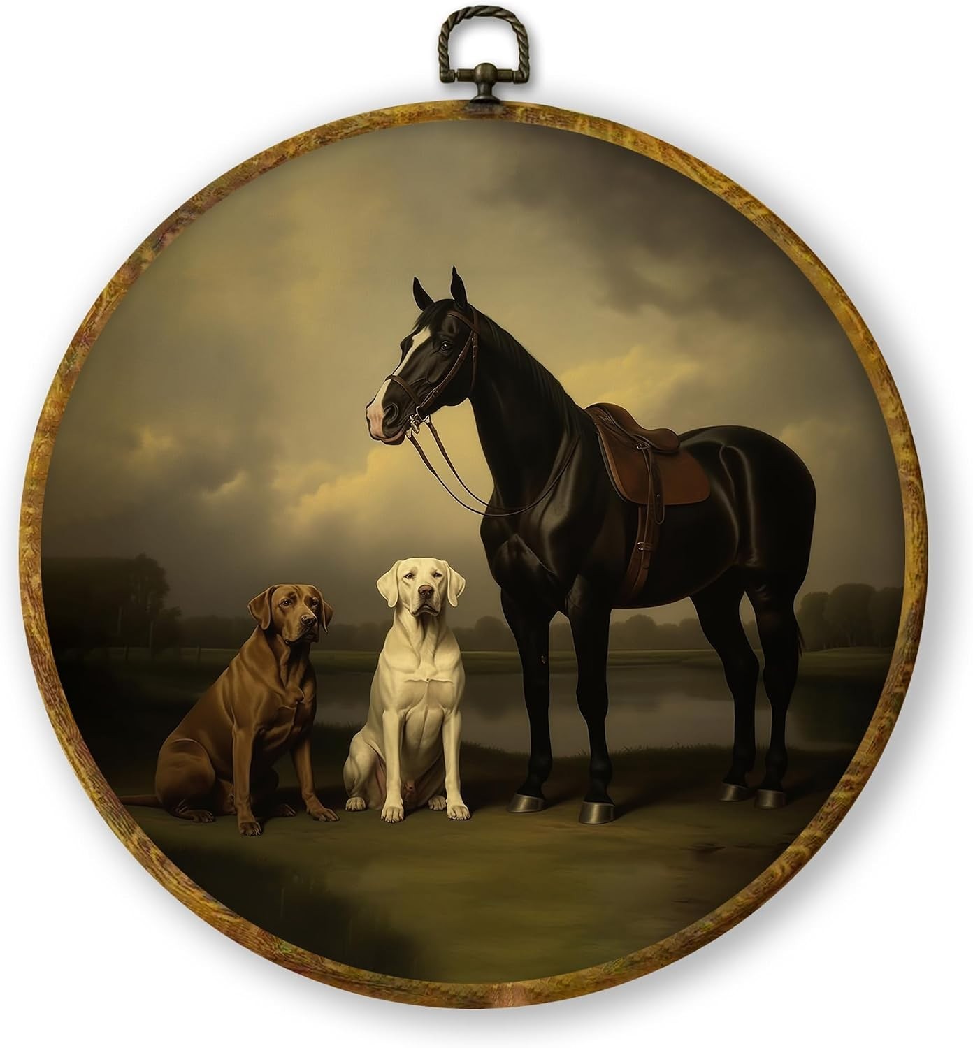 Vintage Moody Horse and Labrador Dogs Round Wall Art Decor Framed, Vintage Count