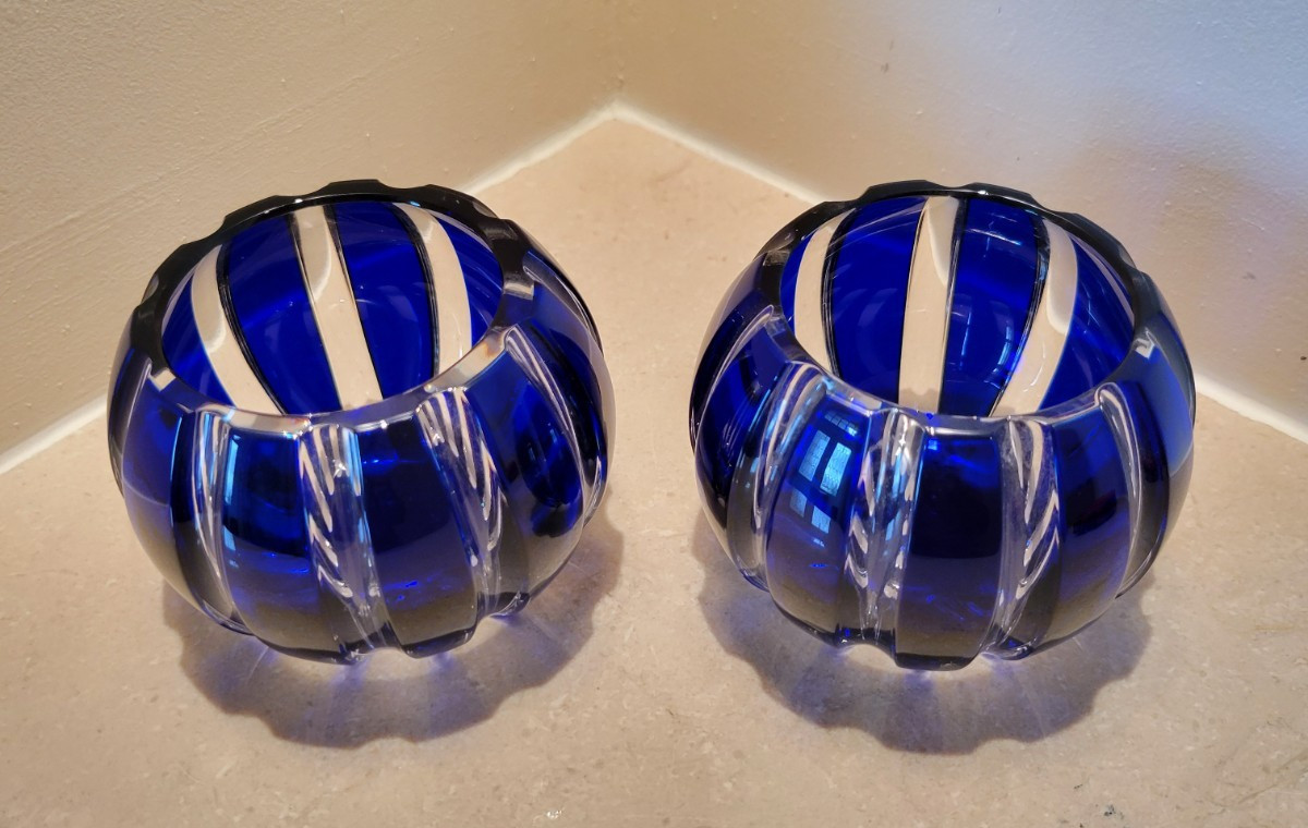FABERGE PARALLELE COBALT BLUE VOTIVE CANDLE HOLDER SET OF 2