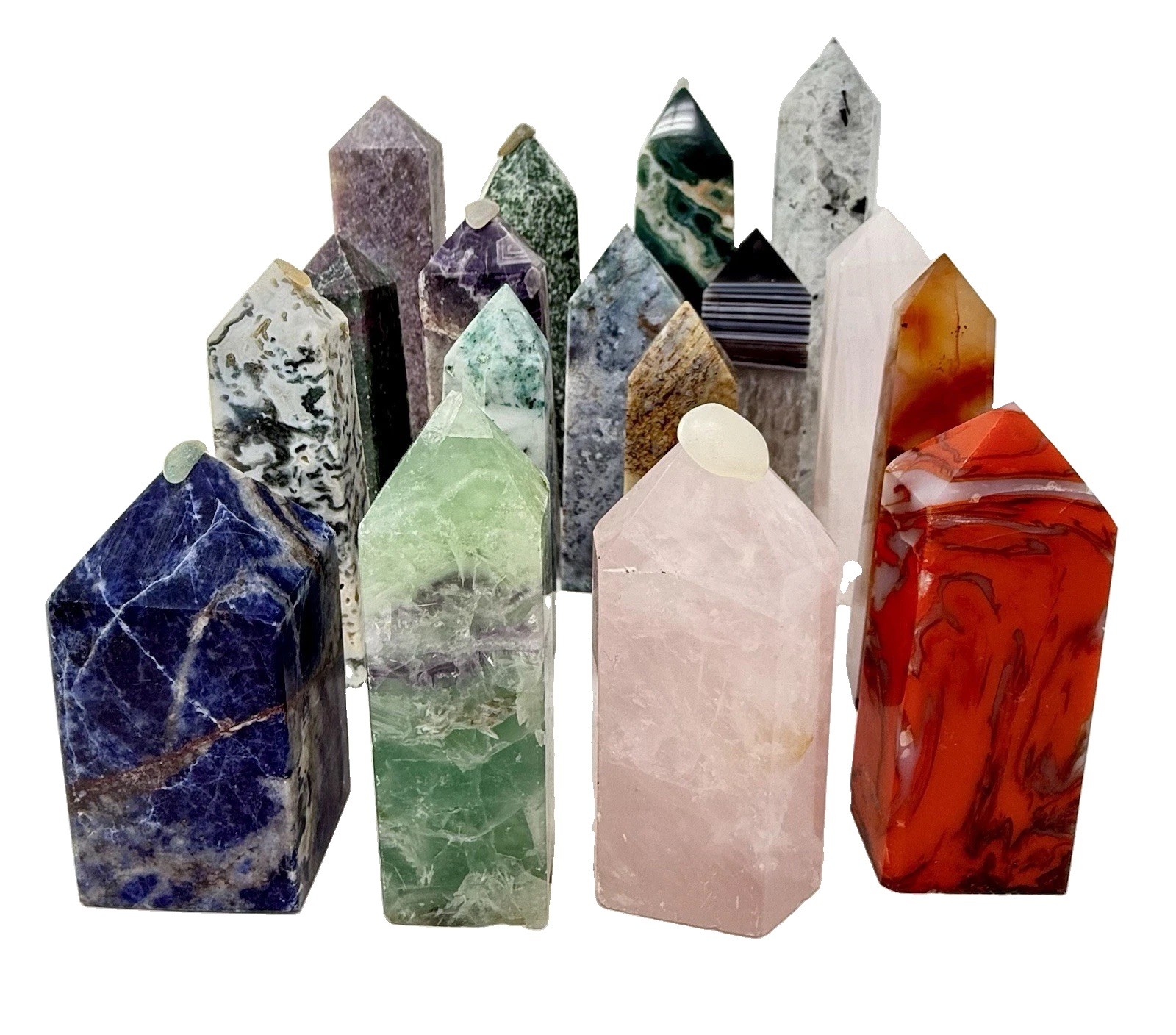 11 Lbs (5kg) Lot Of 17 Crystal Towers Polished Mixed Materials 7.5”-3.5”