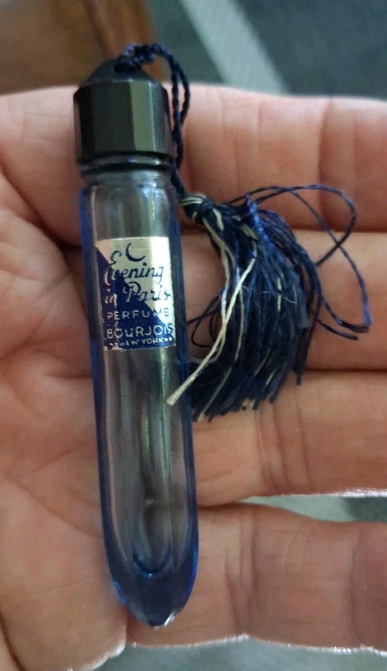 Antique Blue Glass Evening in Paris Bourjois Perfume Bottle with Tassel Empty