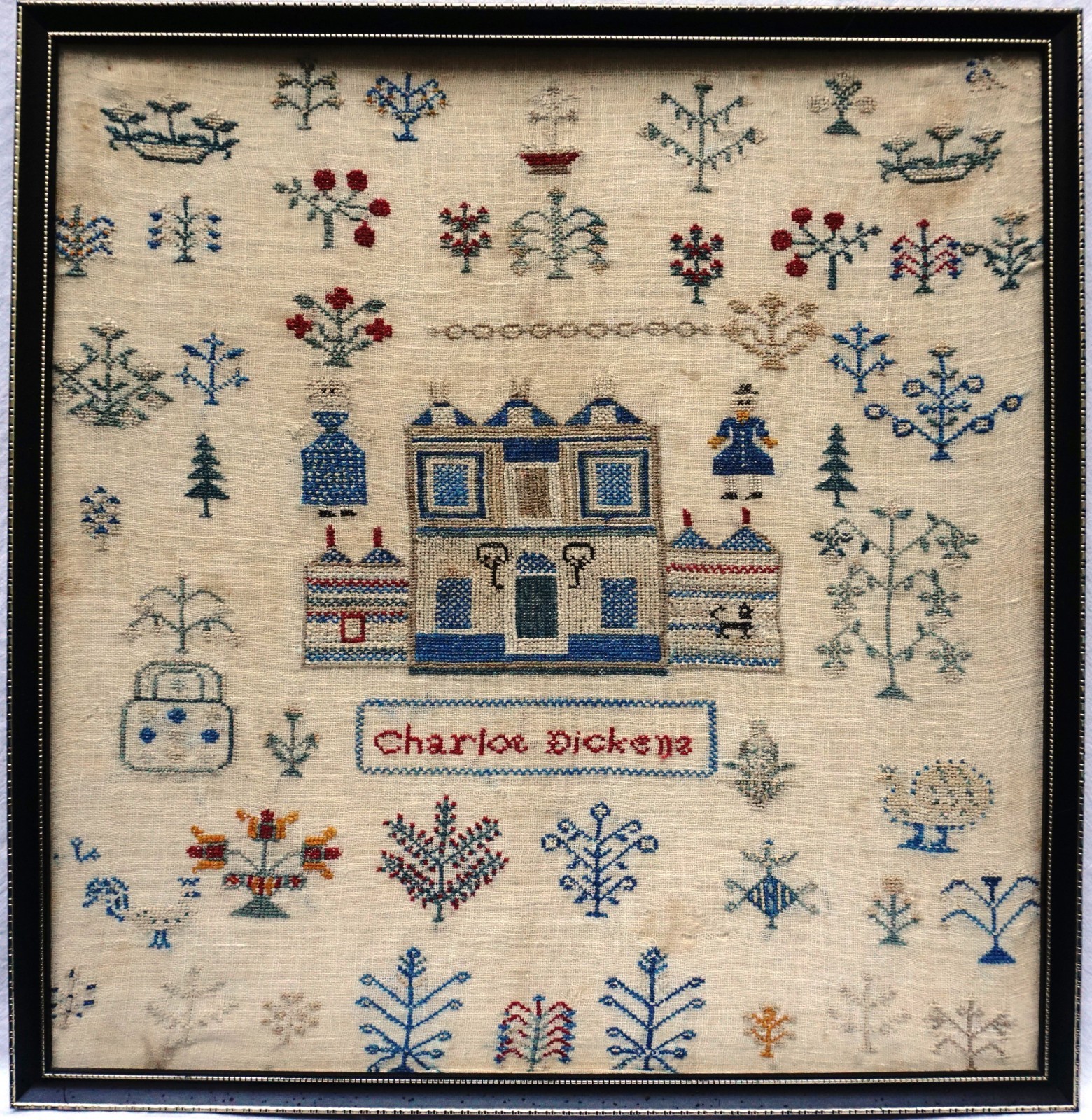 EARLY 19TH CENTURY HOUSE, FIGURES & MOTIF SAMPLER BY CHARLOT DICKENS - c.1830