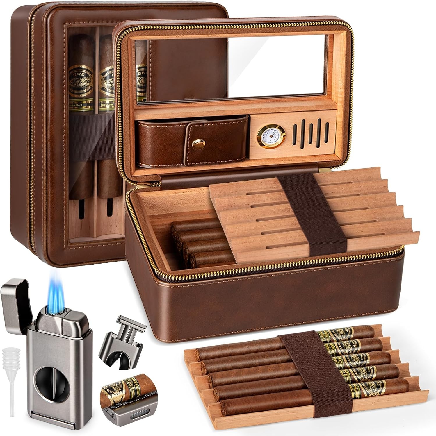 Cigars Humidor, Travel Cigar Humidor Case, Cedar Wood Double Layer Cigar Box ...