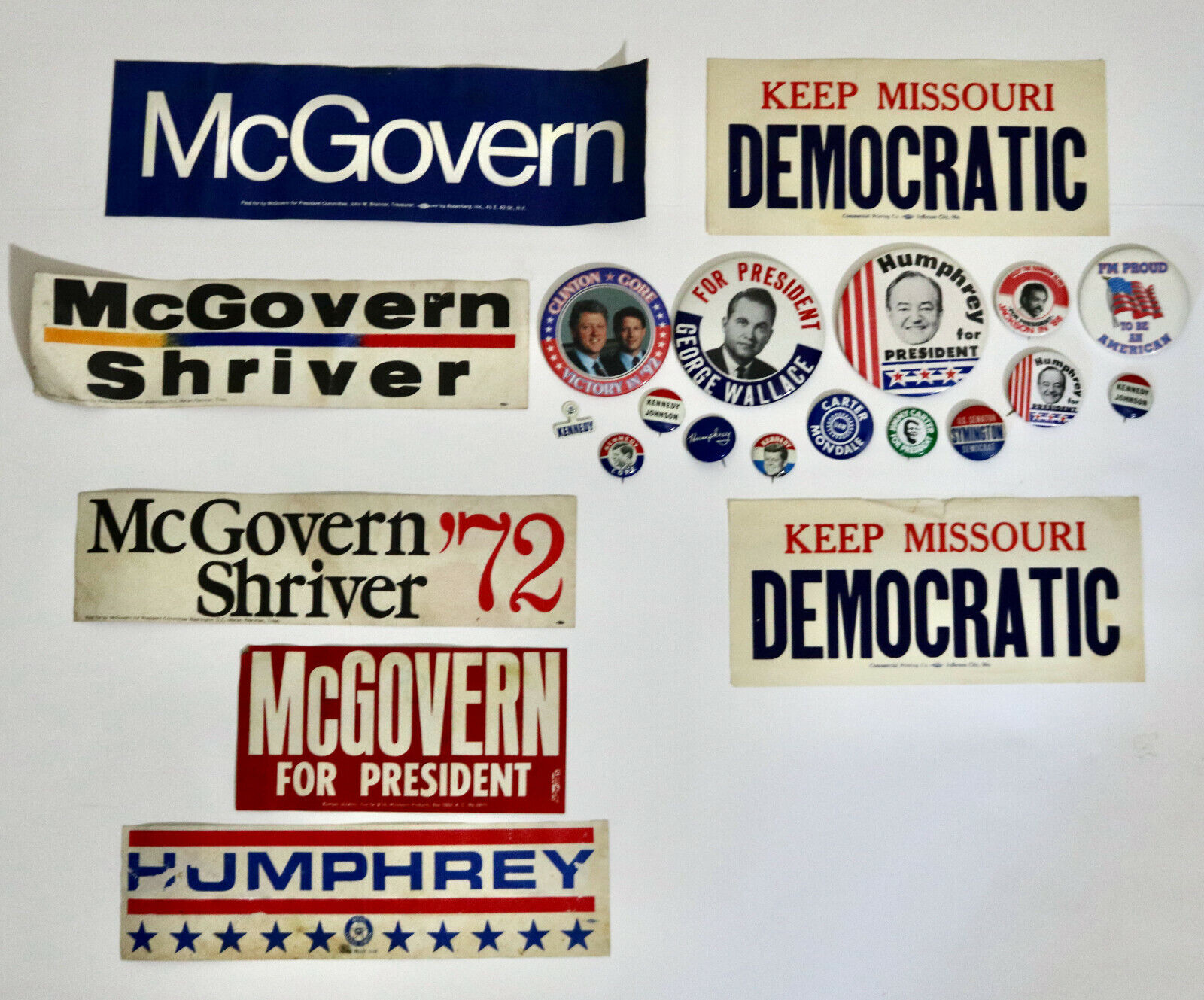 Democratic vintage political campaign pins and bumper stickers 