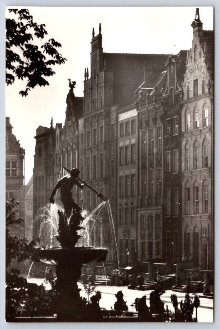 Vintage Poland Postcard GDANSK Neptune Fountain Danzig 1960s RPPC