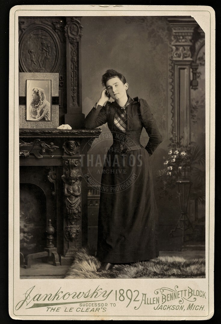 1890s photo michigan girl in dark dress posing w\' woman\'s photo - mourning? PIP