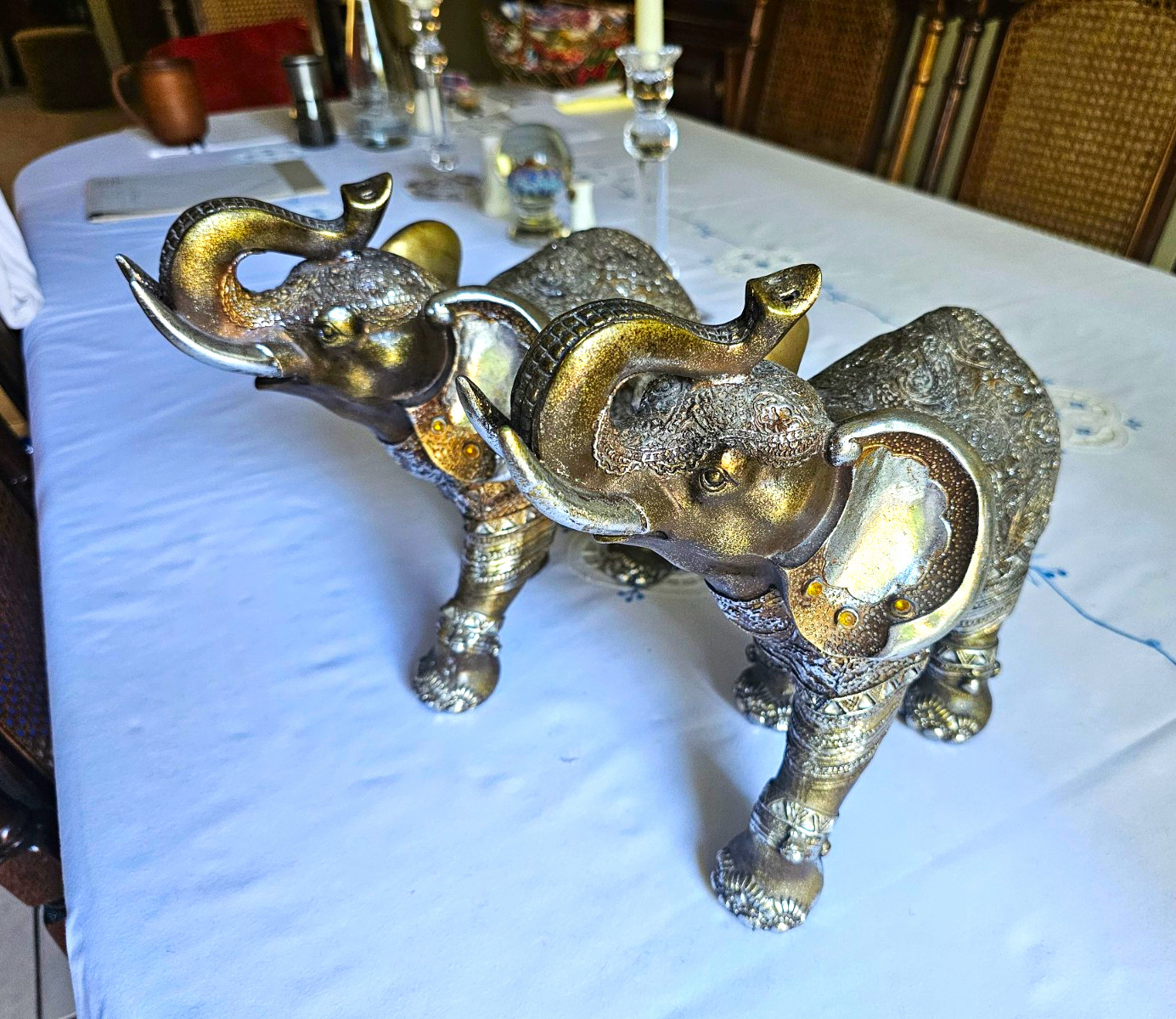 Pair Metallic Elephant Figurines Statues, Silver/Gold Tone, Raised Trunks
