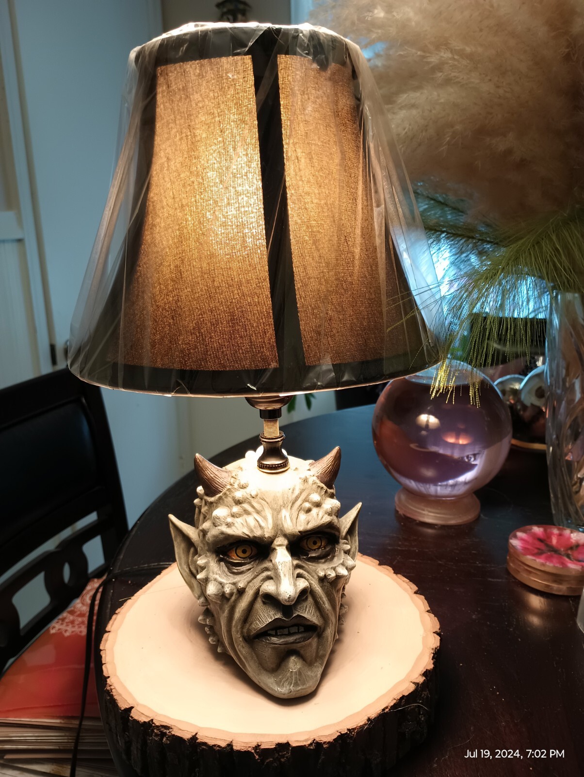 Resin Horned Demon Skull Tabletop Lamp-One of a kind- w/black bell shap lamp sha