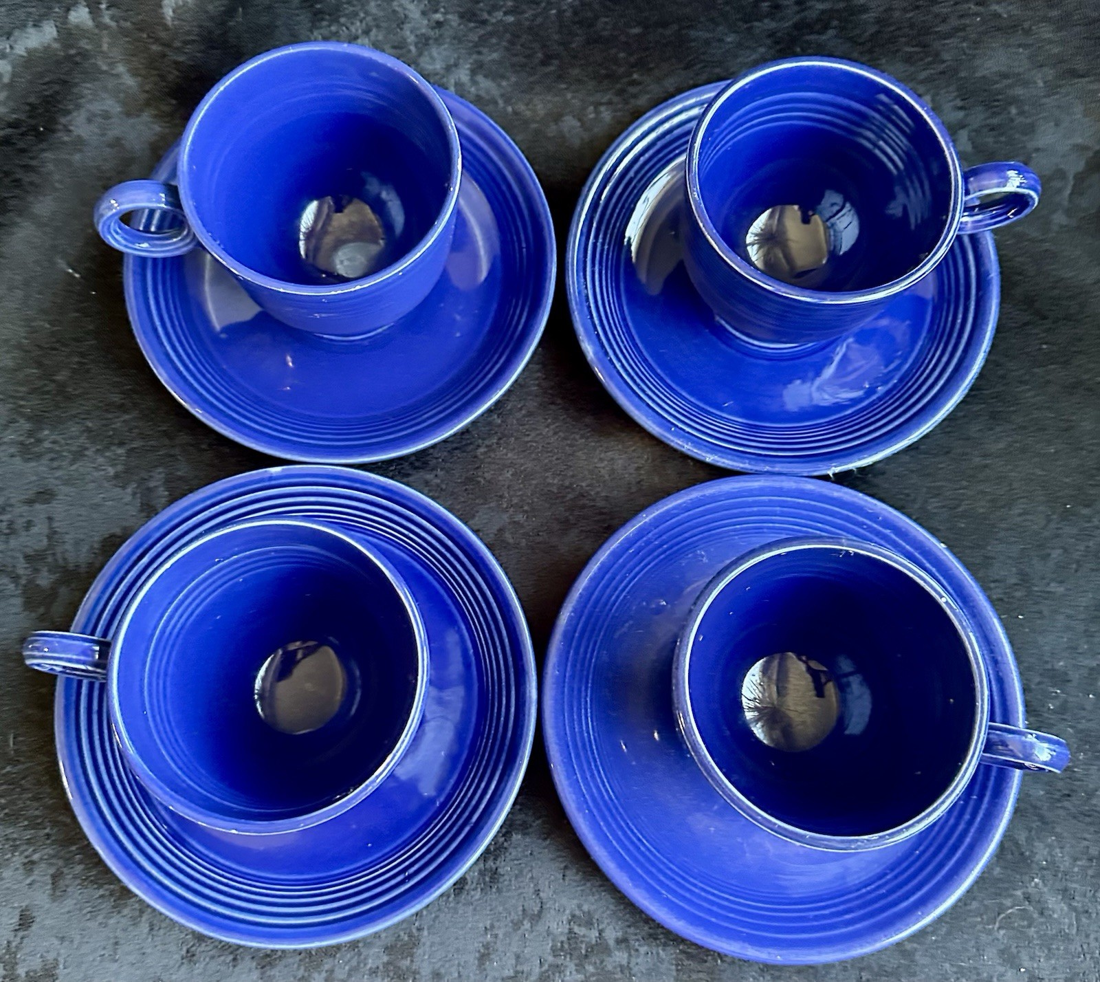 fiesta Set 4 HLC ORIGINAL BLUE Coffee Cups & Saucers 3oz Vintage MINT USA Cobalt