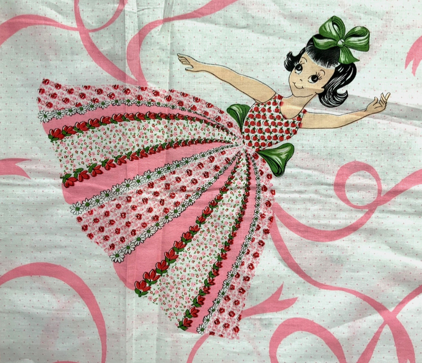 NEW Vintage NOVELTY FABRIC Dancing Little Girls PINK Long Dresses Ribbons 3 yds