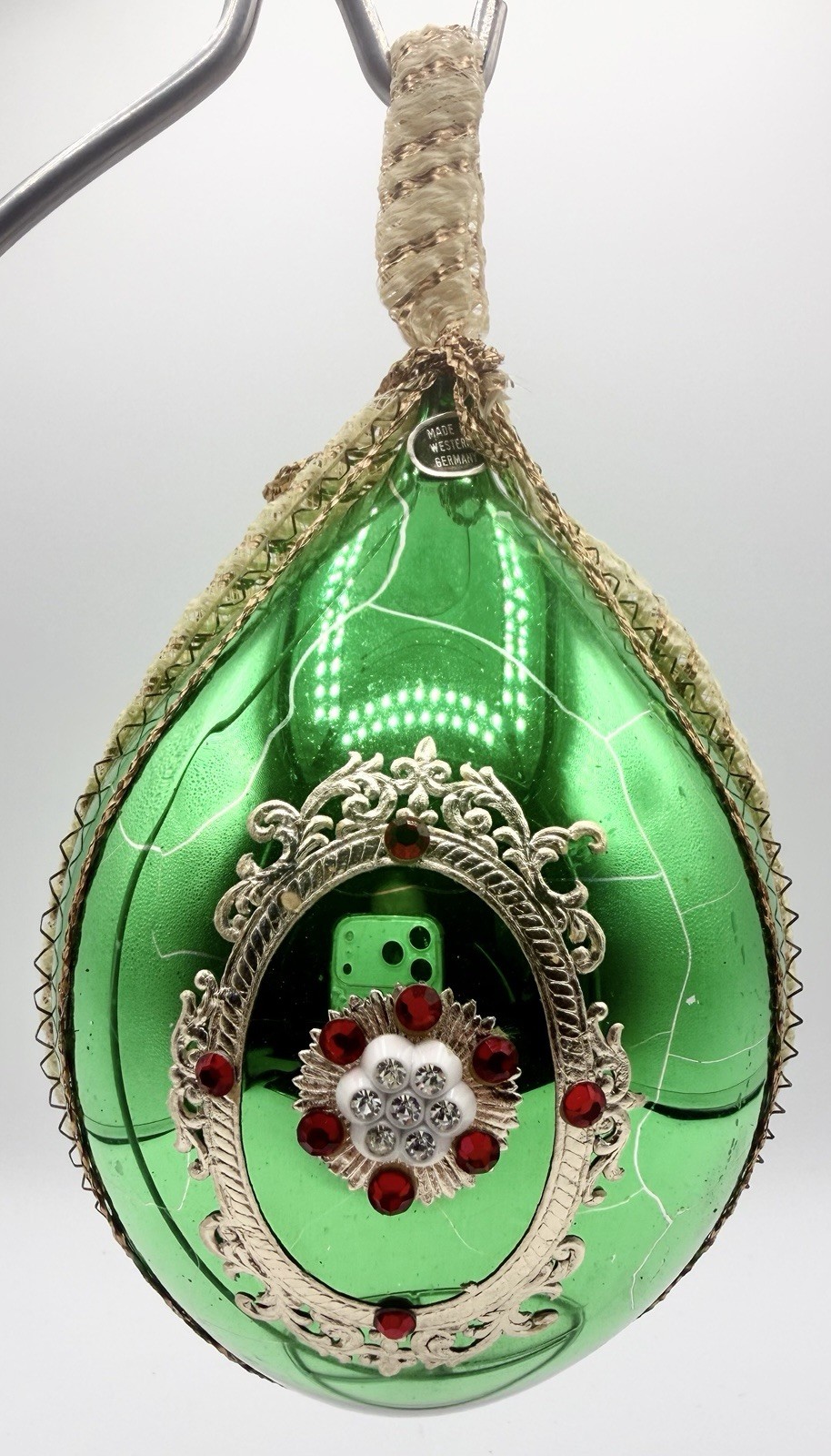 Vtg Western German Green Glass Christmas Ornament Jeweled Wire Large Teardrop 6”