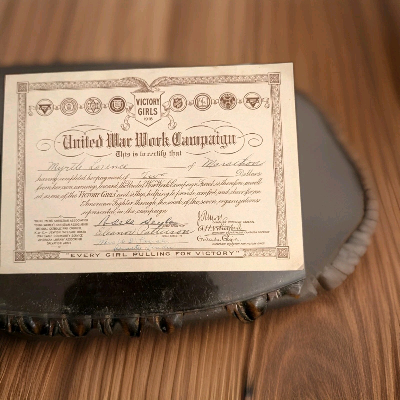 Pristine WWI 1918 Victory Girls United War Work Campaign Certificate no Creases Pristine WWI 1918 Victory Girls United War Work Campaign Certificate no Creases