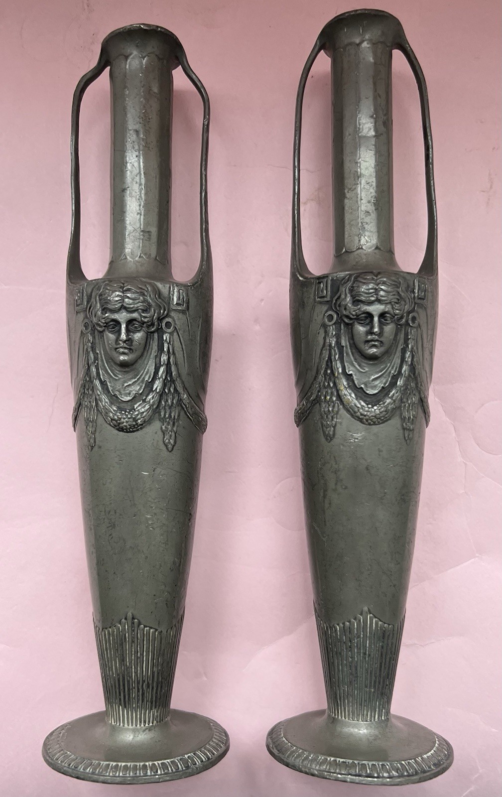 Antique Pair Art Nouveau Amphora Pewter Orivit Vases Female Mask Garlands 8 1/2\