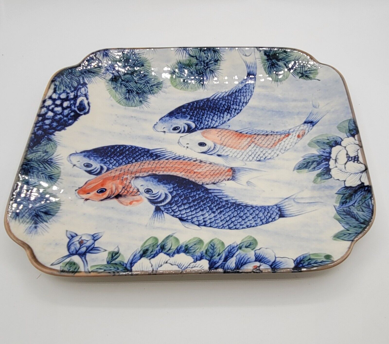 Koi Fish Lotus Ceramic Square Platter Decorative Collector Square Plate 13 inch