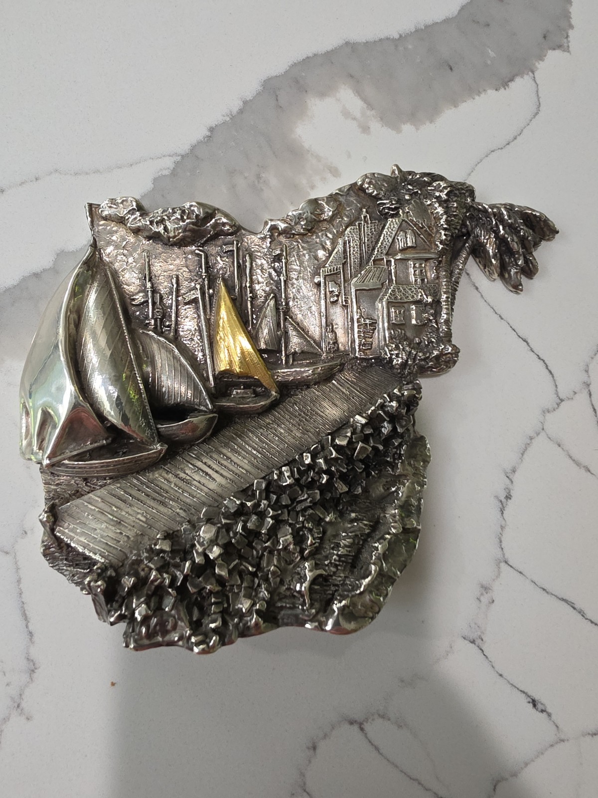 Vintage 1996 D'Argenta Mexico Silver 24K Gold Plated Sailboat Relief Sculpture