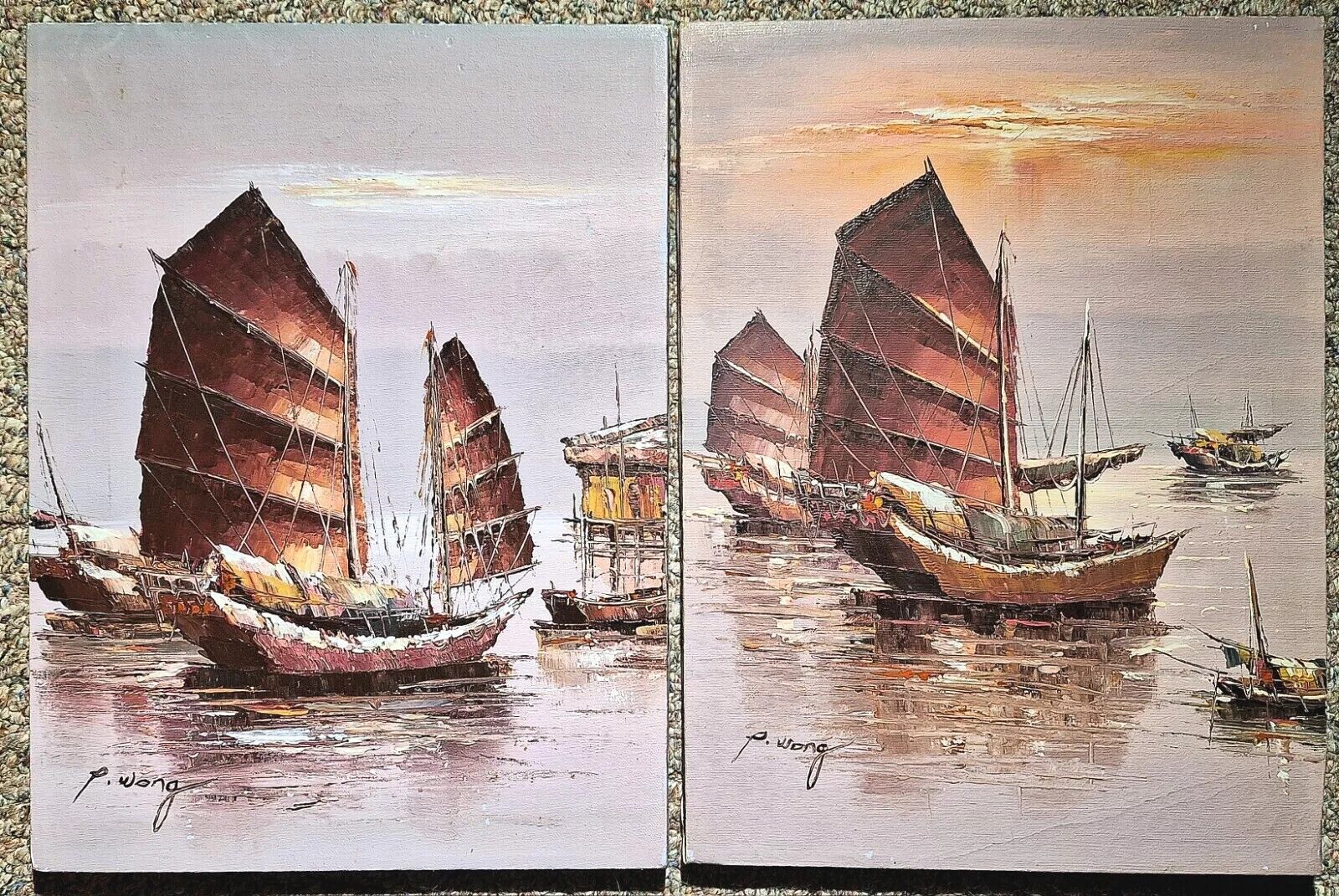 Set of 2 (two)Vintage Chinese Junk Boat P. WONG (PETER WONG) Oil on Canvas  Ship