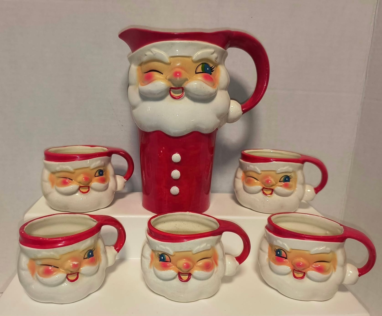 VTG 1964 HOLT HOWARD WINKING SANTA PITCHER & MUGS SET/HAND PAINTED - JAPAN VTG 1964 HOLT HOWARD WINKING SANTA PITCHER & MUGS SET/HAND PAINTED - JAPAN